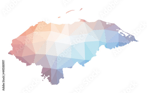 Map of Honduras. Low poly illustration of the country. Geometric design with stripes. Technology, internet, network concept. Vector illustration.