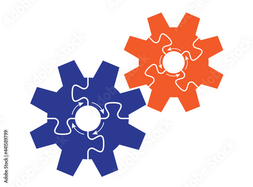 Blue and orange colored puzzle shaped gears illustration. Business cogs moving to use in brainstorm, solution, development teamwork, innovation, machinery projects and presentations.