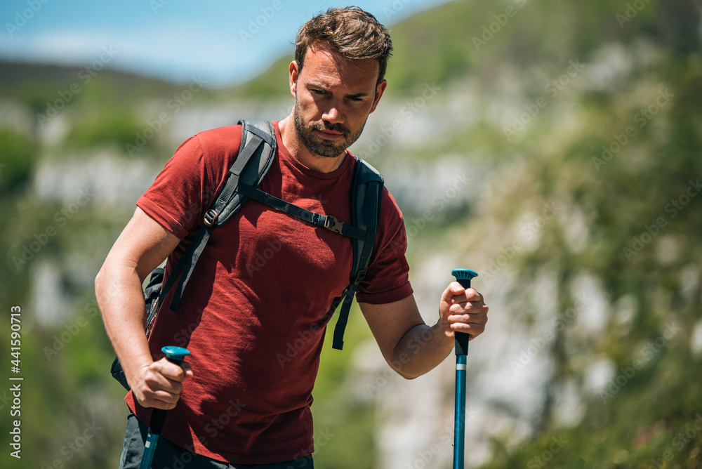 Fototapeta premium Male hiker walking with trekking poles in mountainous terrain