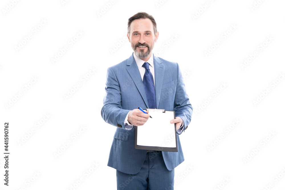 happy grizzled entrepreneur offering to sign the contract in documents copy space, signing contract. happy grizzled entrepreneur offering to sign the contract in documents copy space, signing contract.