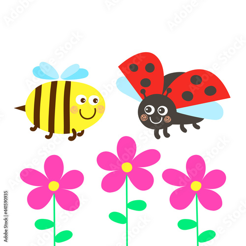 A cute ladybug and a bee are flying over the flowers. Kawaii insects friendship.