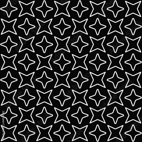 Seamless white stars and black background. Vector same four ray stars.