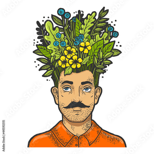 Grass and leaves on head color line art sketch engraving vector illustration. T-shirt apparel print design. Scratch board style imitation. Black and white hand drawn image.