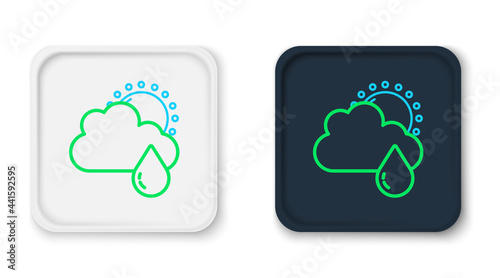 Line Cloud with rain and sun icon isolated on white background. Rain cloud precipitation with rain drops. Colorful outline concept. Vector