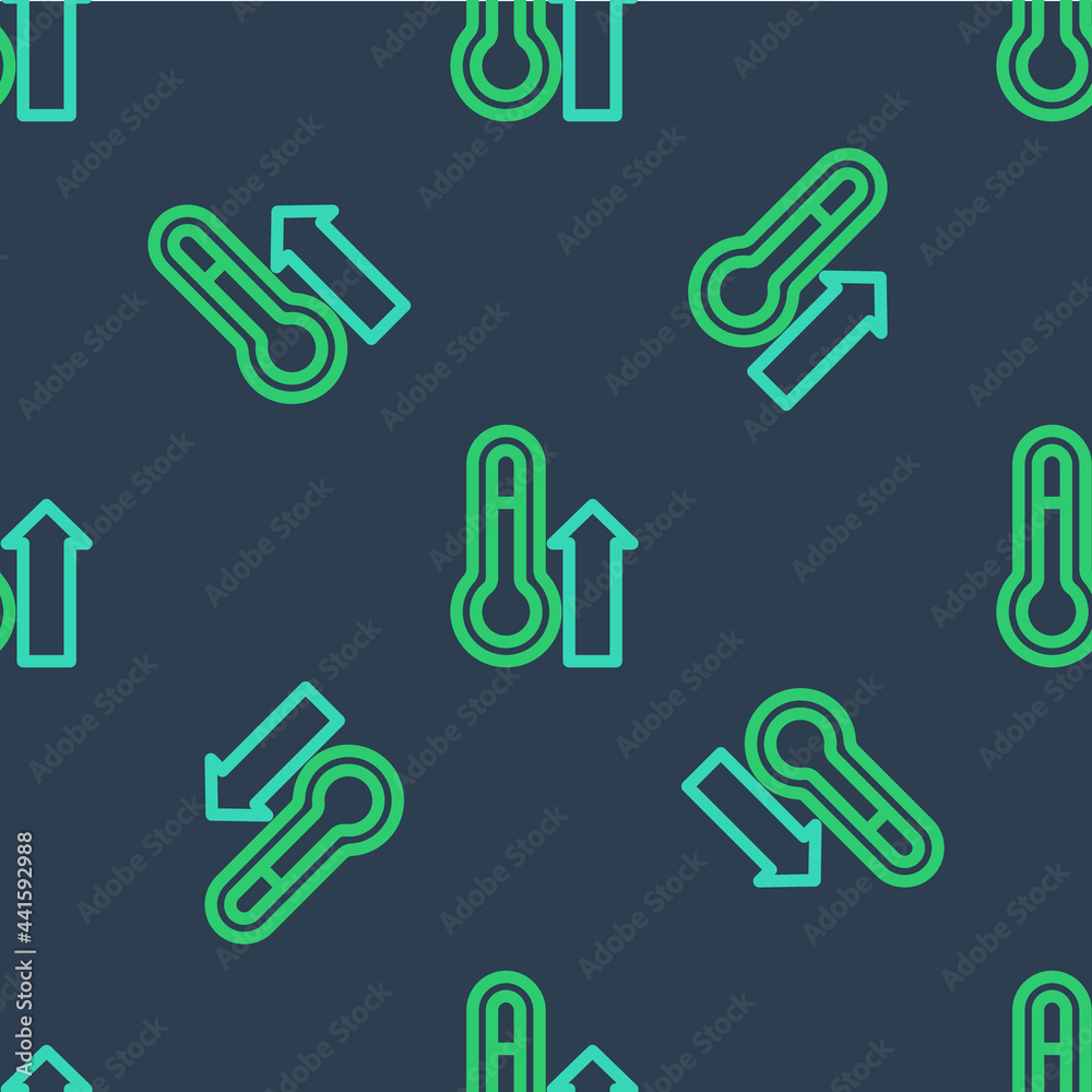 Line Meteorology thermometer measuring icon isolated seamless pattern on blue background. Thermometer equipment showing hot or cold weather. Vector
