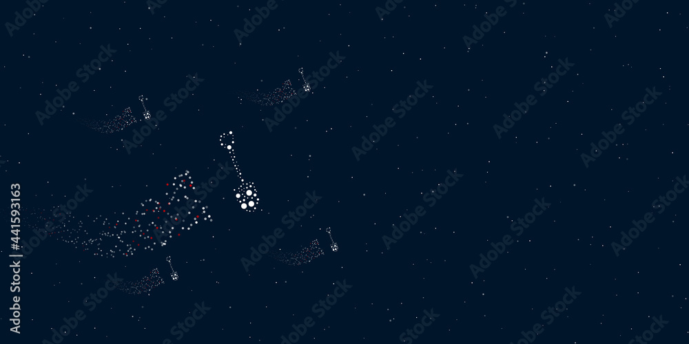 A shovel symbol filled with dots flies through the stars leaving a trail behind. Four small symbols around. Empty space for text on the right. Vector illustration on dark blue background with stars A shovel symbol filled with dots flies through the stars leaving a trail behind. Four small symbols around. Empty space for text on the right. Vector illustration on dark blue background with stars