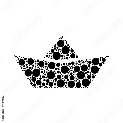 A large paper boat symbol in the center made in pointillism style. The center symbol is filled with black circles of various sizes. Vector illustration on white background