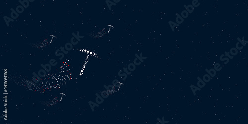 A pickaxe symbol filled with dots flies through the stars leaving a trail behind. Four small symbols around. Empty space for text on the right. Vector illustration on dark blue background with stars