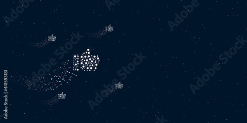 A thumb up symbol filled with dots flies through the stars leaving a trail behind. Four small symbols around. Empty space for text on the right. Vector illustration on dark blue background with stars