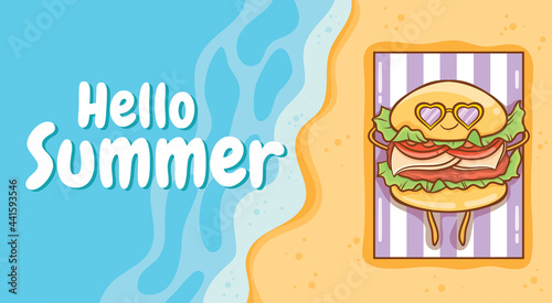 Cute burger sunbathing on the beach with a summer greeting banner