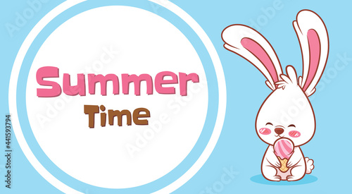 cute bunny holding ice cream with a summer greeting banner.