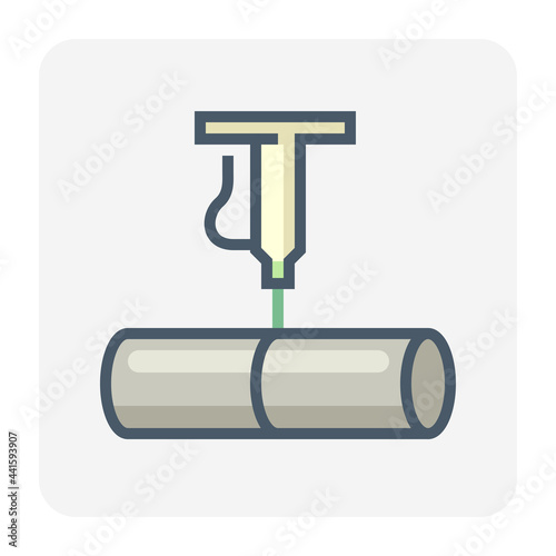 Steel or metal production industry vector icon. Consist of laser cutter machine equipment, tube or pipe product, cutting work. That manufacture, process and technology in metallurgy factory. 64x64 px.