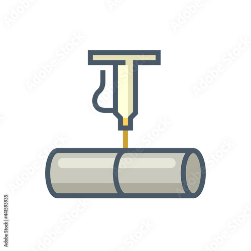 Steel or metal production industry vector icon. Consist of laser cutter machine equipment, tube or pipe product, cutting work. That manufacture, process and technology in metallurgy factory. 64x64 px.