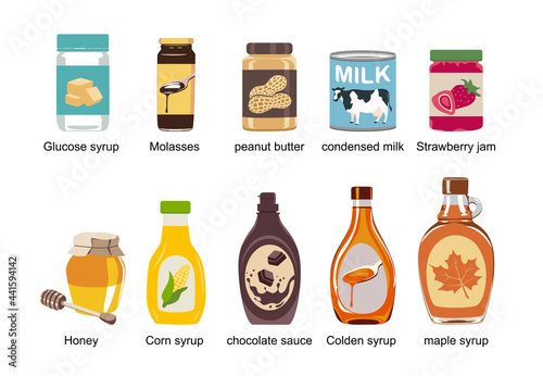 Set of different  syrup and  condiments isolated on white background.