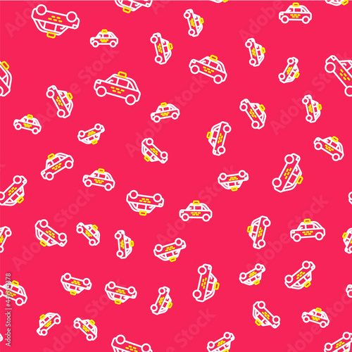 Line Taxi car icon isolated seamless pattern on red background. Vector