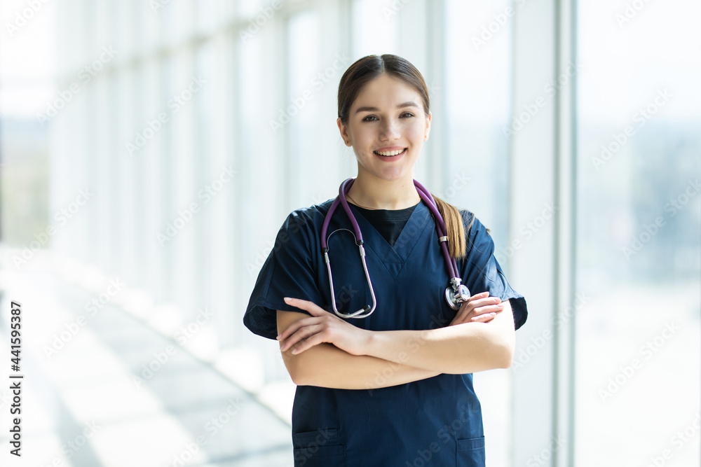 Medical physician doctor woman over clinic background. Medical physician doctor woman over clinic background.
