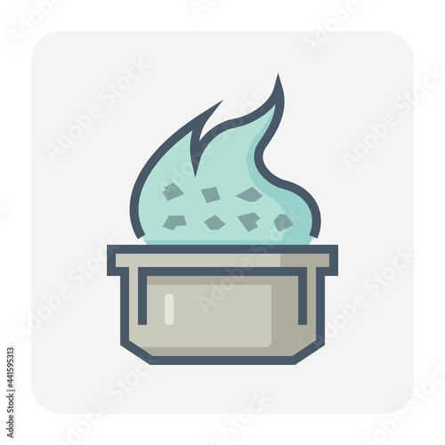 Smelting burning or heating vector icon. Consist of ore, fire and crucible. Process for casting in metallurgy or metallurgical production industry. In foundry, furnace or factory plant. 64x64 pixel.
