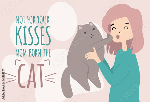 Girl holding big fluffy cat. Try to kiss him  the cat resists. Independent cat with character   Cartoon funny vector style.