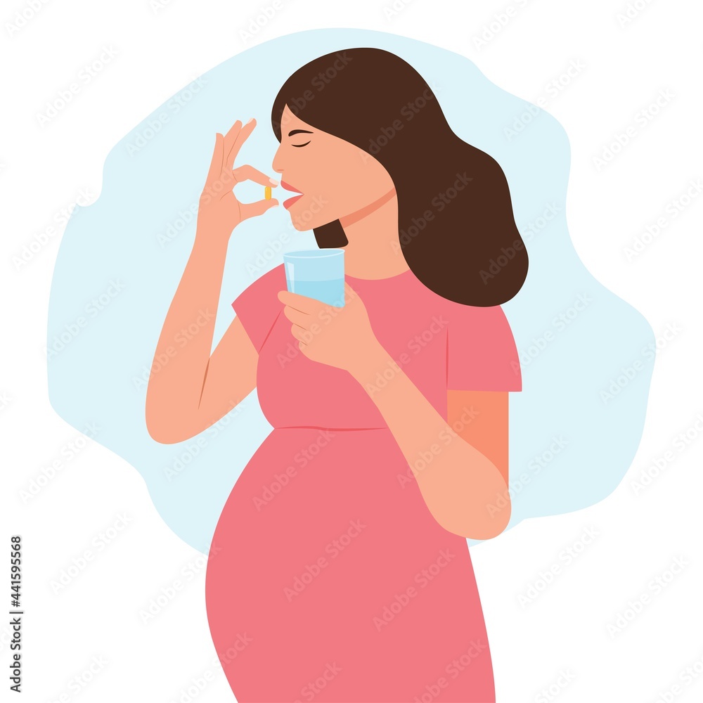 Pregnant woman takes a supplement or vitamin. Woman holds a pill in her hand and intends to take it.Glass of water in hands. Medication treatment, pharmacy and medicine, concept.Vector illustration Pregnant woman takes a supplement or vitamin. Woman holds a pill in her hand and intends to take it.Glass of water in hands. Medication treatment, pharmacy and medicine, concept.Vector illustration