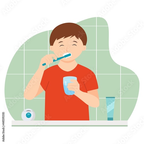 Boy brushing teeth with toothpaste in bathroom. Cute kid clean his teeth. Vector illustration.