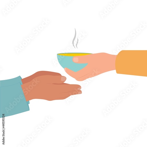 Feeding the homeless.Help and support. Hands with a soup in the plate.Giving Food to the Hungry concept Isolated vector illustration.