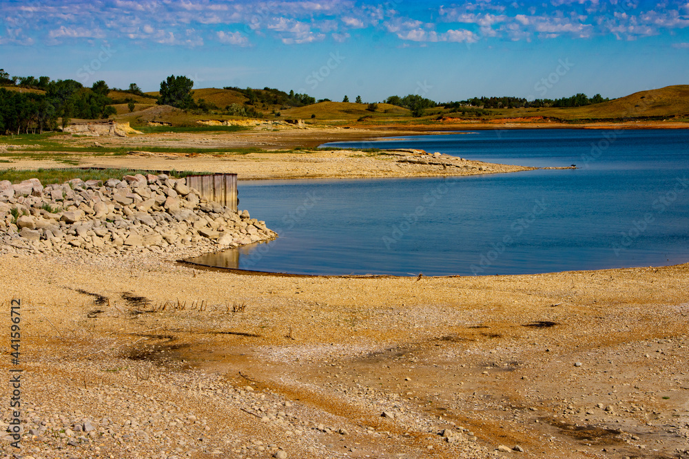 Very low water level on Lake Sakakawea in central North Dakota due to ongoing severe drought has ...