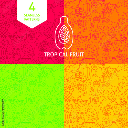 Tropical Fruit Day Patterns. Vector Illustration of Outline Background.