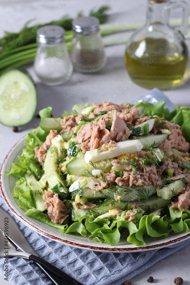 Salad with canned tuna, green onions, eggs and cucumber, seasoned with olive oil. Served on green lettuce leaves. Healthy food. Salad with canned tuna, green onions, eggs and cucumber, seasoned with olive oil. Served on green lettuce leaves. Healthy food.