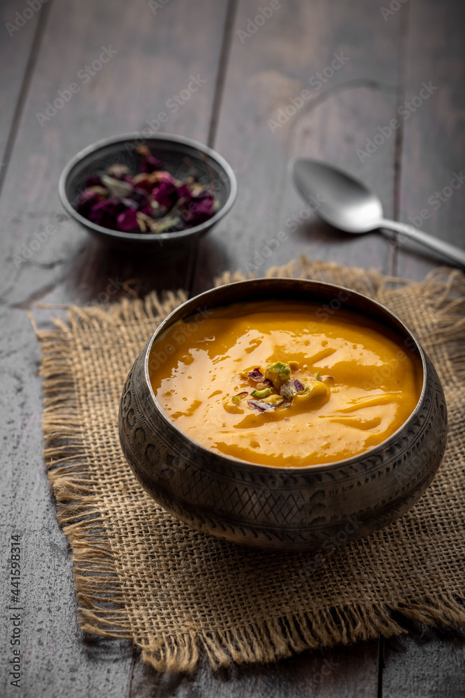 Mango Pulp / Aam rus or Ras served in small bowls Mango Pulp / Aam rus or Ras served in small bowls
