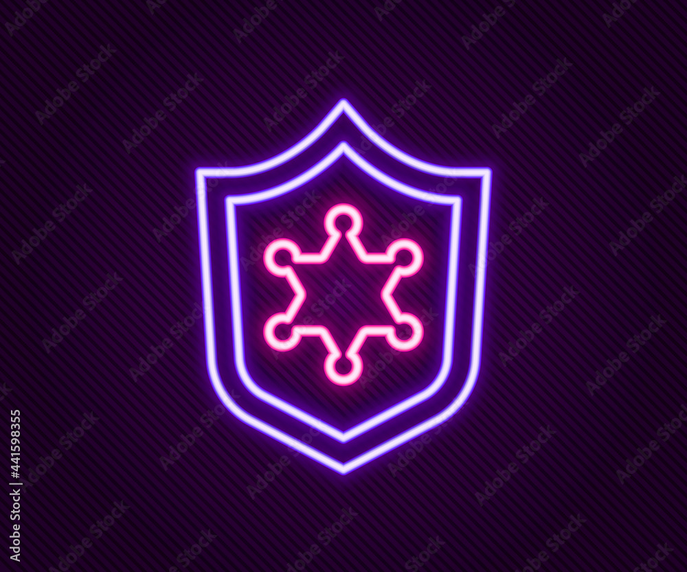 Glowing neon line Police badge icon isolated on black background. Sheriff badge sign. Colorful outline concept. Vector Glowing neon line Police badge icon isolated on black background. Sheriff badge sign. Colorful outline concept. Vector