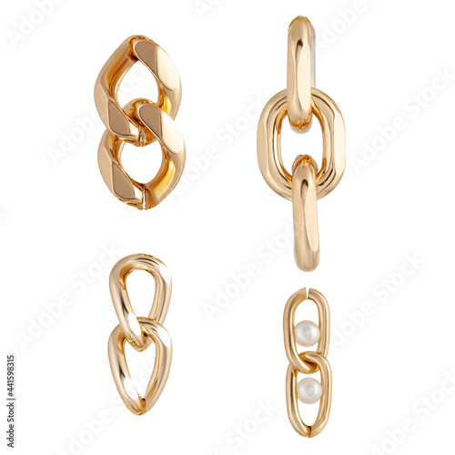 Parts of a metal gold chain for designers and layout. Isolated on white