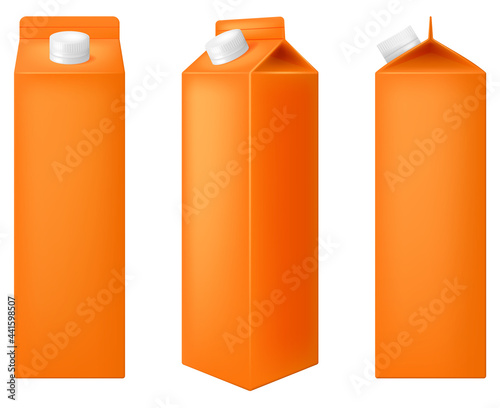 Blank green carton box for juice in three projections isolated on white background. Photo-realistic vector illustration.