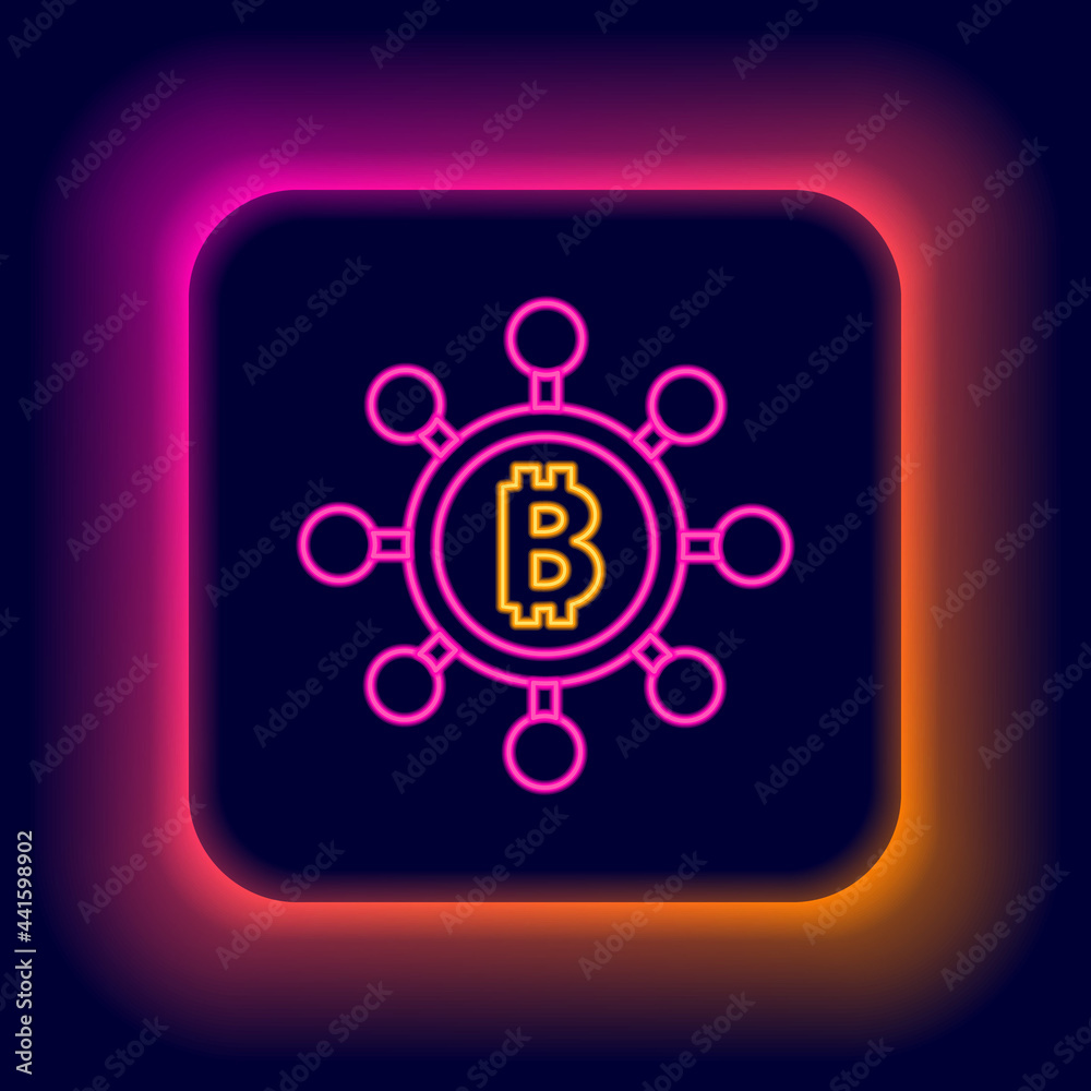 Glowing neon line Blockchain technology Bitcoin icon isolated on black background. Abstract geometric block chain network technology business. Colorful outline concept. Vector Glowing neon line Blockchain technology Bitcoin icon isolated on black background. Abstract geometric block chain network technology business. Colorful outline concept. Vector