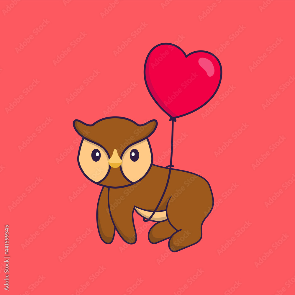 Cute owl flying with love shaped balloons. Animal cartoon concept isolated. Can used for t-shirt, greeting card, invitation card or mascot. Flat Cartoon Style