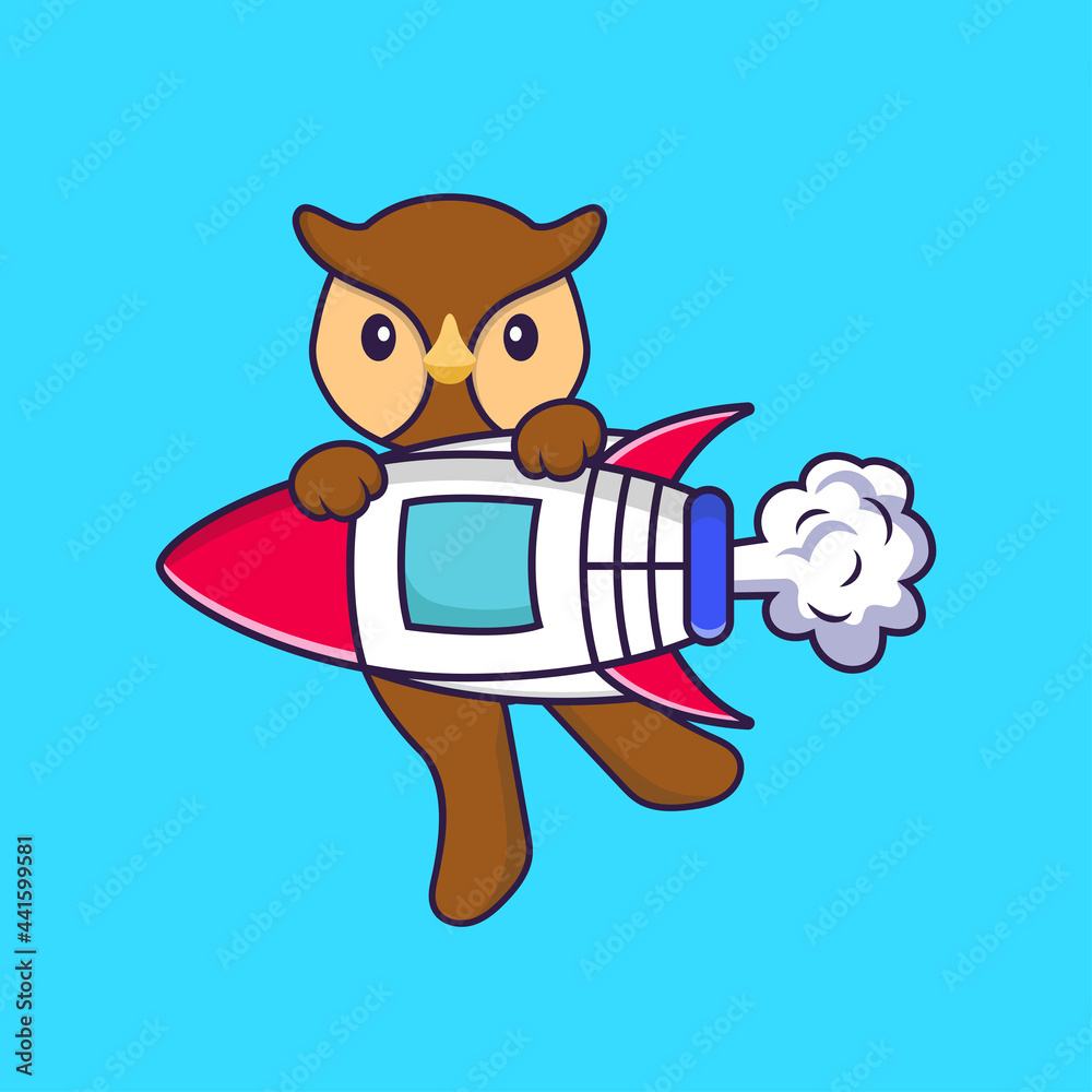 Cute owl flying on rocket. Animal cartoon concept isolated. Can used for t-shirt, greeting card, invitation card or mascot. Flat Cartoon Style