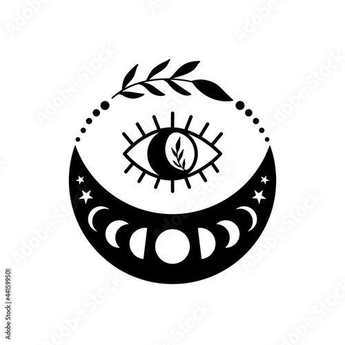 Hand drawn crescent moon with third eye and floral elements.