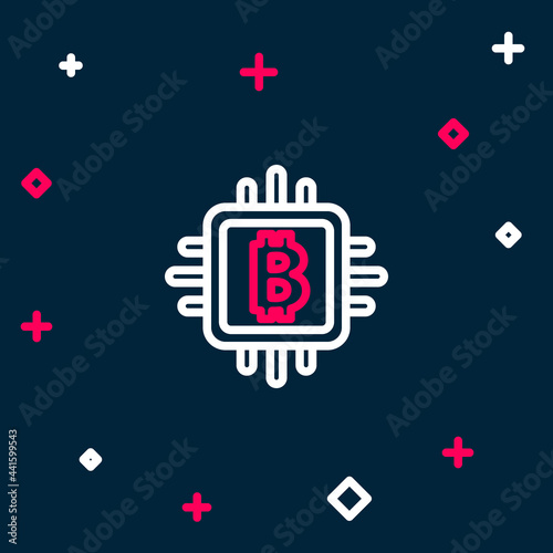 Line CPU mining farm icon isolated on blue background. Bitcoin sign inside processor. Cryptocurrency mining community. Digital money. Colorful outline concept. Vector