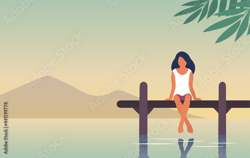 A young woman is resting by the river. A girl are sitting on a pier above the water. Calm rest. Vector flat illustration banner with place for text