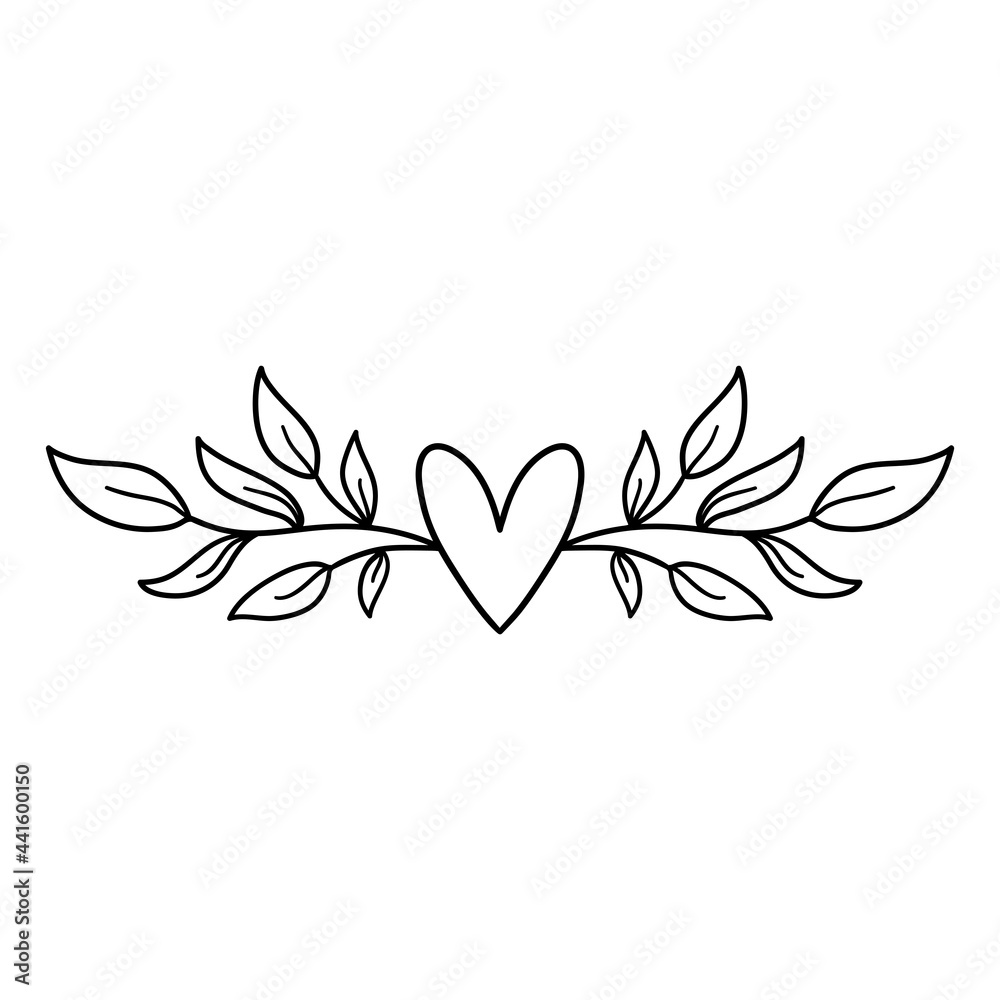 Fototapeta premium Hand drawn rustic floral border. Laurel wreath with heart.