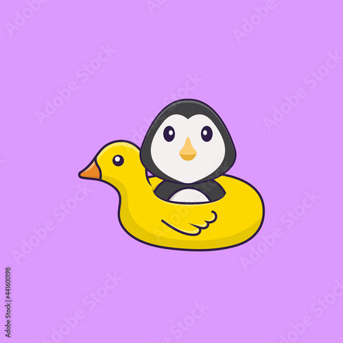 Cute penguin With Duck buoy. Animal cartoon concept isolated. Can used for t-shirt, greeting card, invitation card or mascot. Flat Cartoon Style