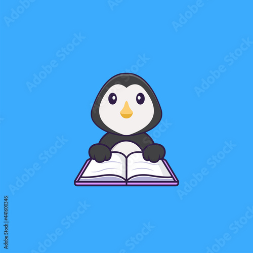 Cute penguin reading a book. Animal cartoon concept isolated. Can used for t-shirt, greeting card, invitation card or mascot. Flat Cartoon Style