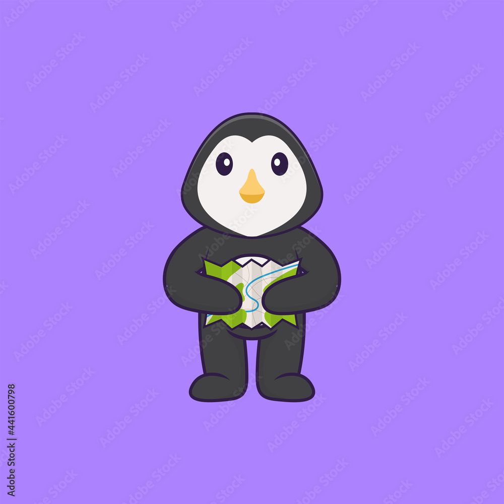 Cute penguin holding a map. Animal cartoon concept isolated. Can used for t-shirt, greeting card, invitation card or mascot. Flat Cartoon Style Cute penguin holding a map. Animal cartoon concept isolated. Can used for t-shirt, greeting card, invitation card or mascot. Flat Cartoon Style