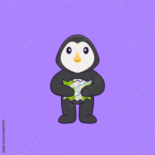 Cute penguin holding a map. Animal cartoon concept isolated. Can used for t-shirt, greeting card, invitation card or mascot. Flat Cartoon Style © Turn