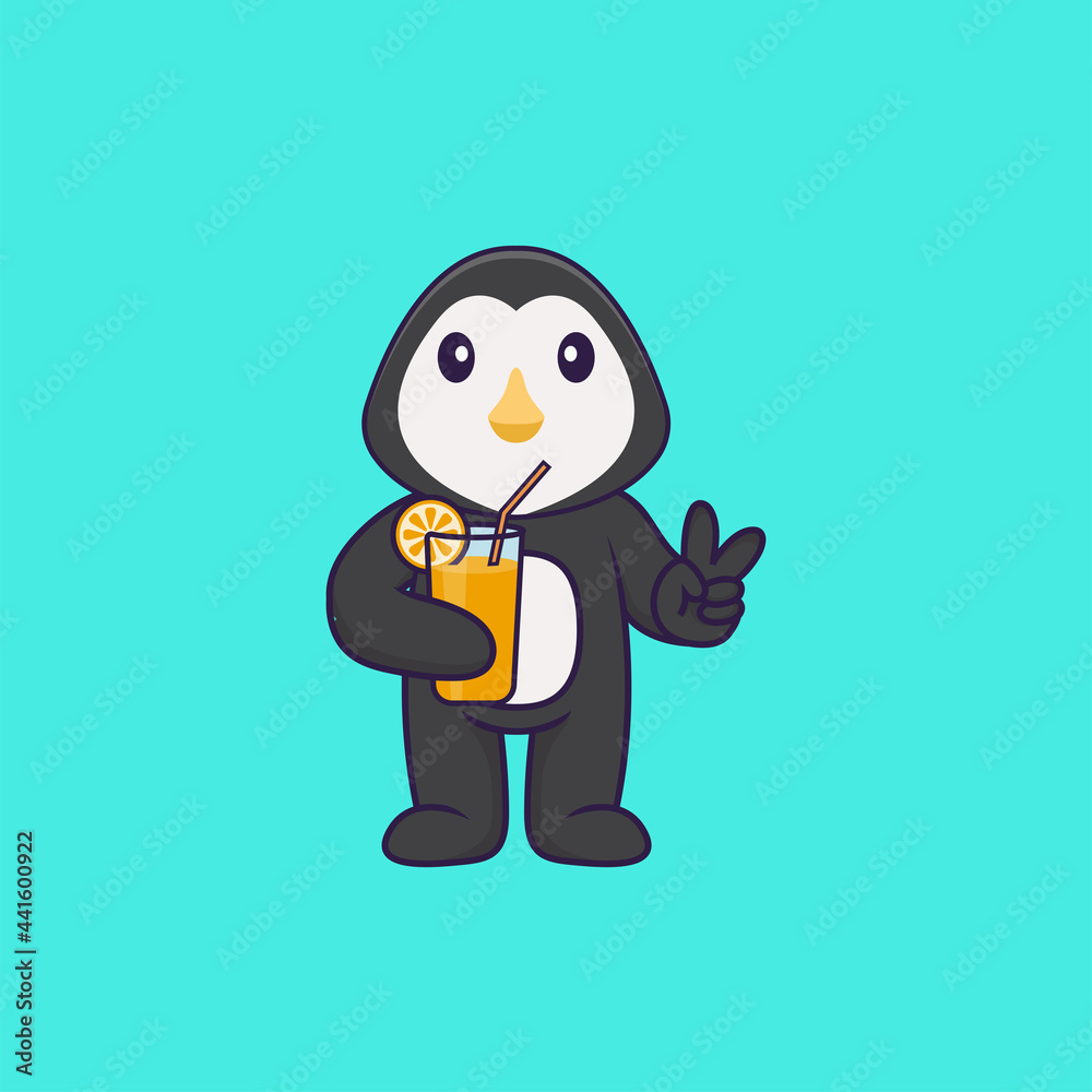 Cute penguin holding orange juice in glass. Animal cartoon concept isolated. Can used for t-shirt, greeting card, invitation card or mascot. Flat Cartoon Style Cute penguin holding orange juice in glass. Animal cartoon concept isolated. Can used for t-shirt, greeting card, invitation card or mascot. Flat Cartoon Style