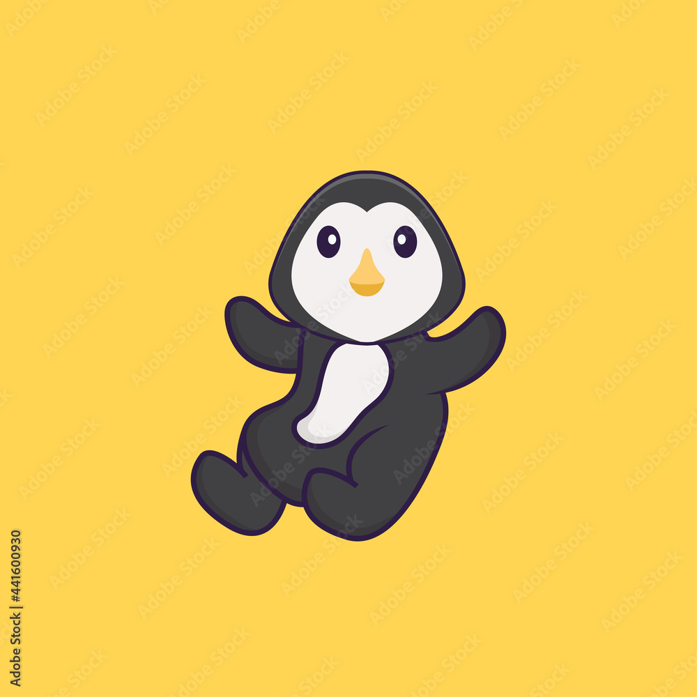 Obraz premium Cute penguin is flying. Animal cartoon concept isolated. Can used for t-shirt, greeting card, invitation card or mascot. Flat Cartoon Style