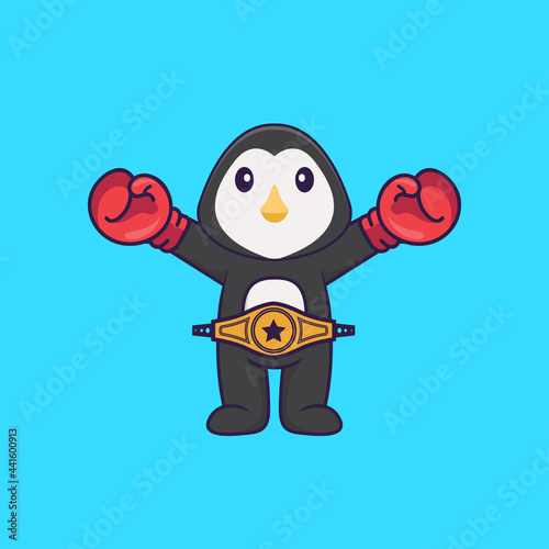 Cute penguin in boxer costume with champion belt. Animal cartoon concept isolated. Can used for t-shirt, greeting card, invitation card or mascot. Flat Cartoon Style