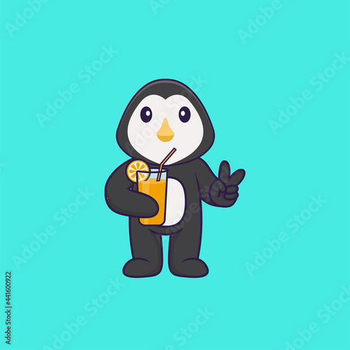 Cute penguin holding orange juice in glass. Animal cartoon concept isolated. Can used for t-shirt, greeting card, invitation card or mascot. Flat Cartoon Style © Turn