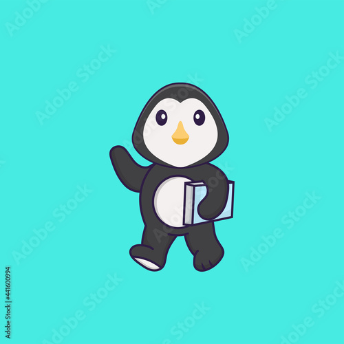 Fototapeta Naklejka Na Ścianę i Meble -  Cute penguin holding a book. Animal cartoon concept isolated. Can used for t-shirt, greeting card, invitation card or mascot. Flat Cartoon Style