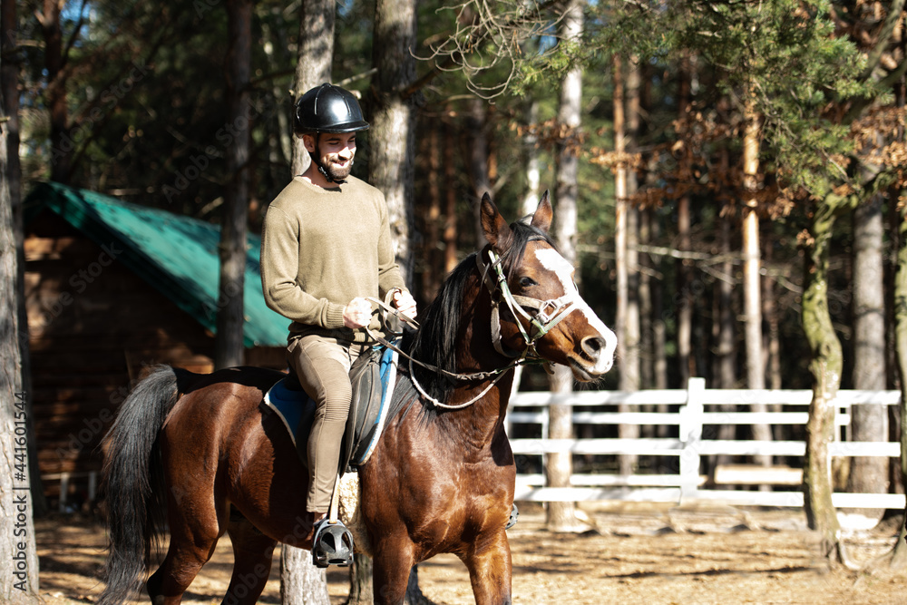 Man With Helmet Riding a Horse in Forest Man With Helmet Riding a Horse in Forest