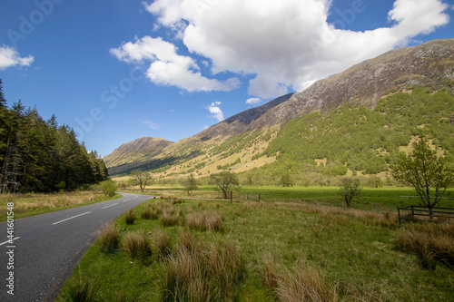 The road running through Glen Nevis towards Fort William in the Scottish Highlands, UK